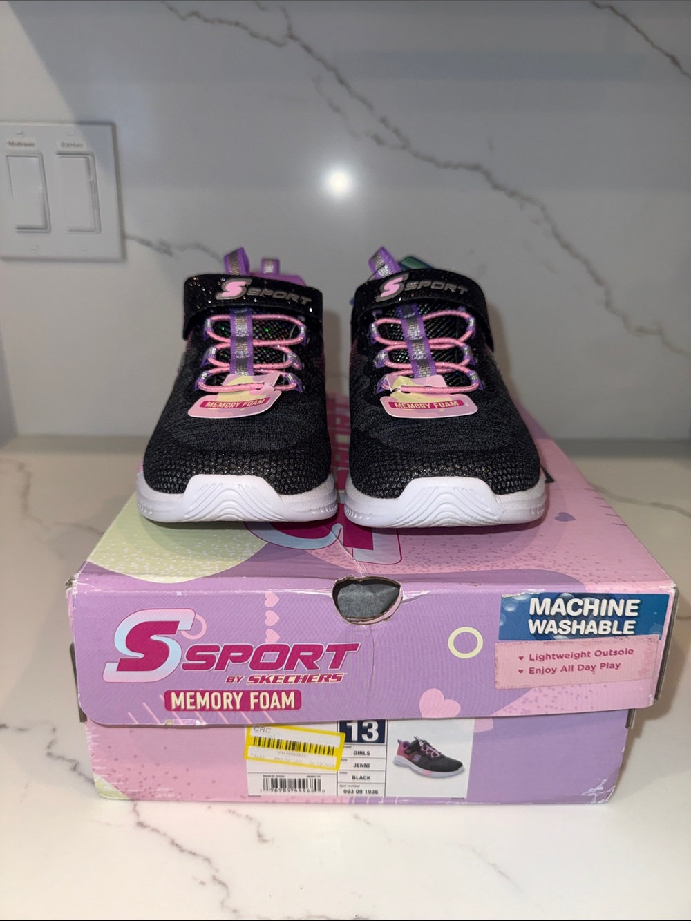 NWT Skechers Kids Black Sneakers with Pink and Purple Accents